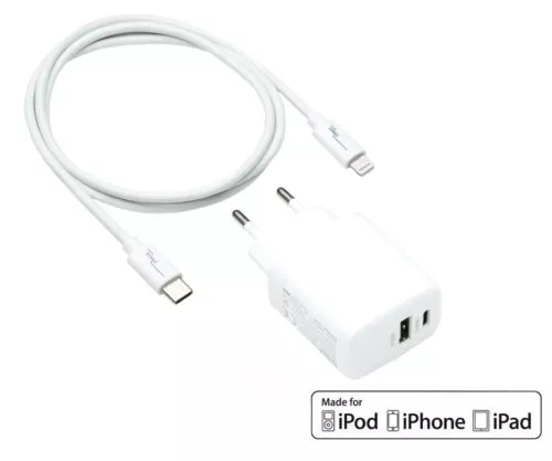 USB C+A Lade-Set 20W, PD, weiß, 1m Lightning/C 20W, 3,6V~5,9V/3A; 6~9V/2A; 9V~12V/1,5A